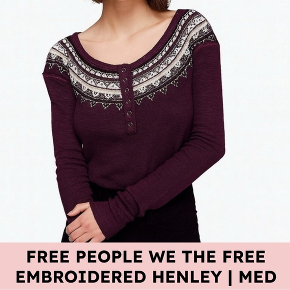 Free People We The Free Waffle Knit Thermal Henley Embroidered Burgundy Medium - Picture 1 of 14